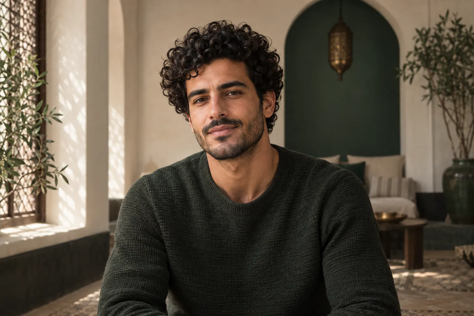 Homme marocain aux boucles naturellement denses dans un intérieur contemporain