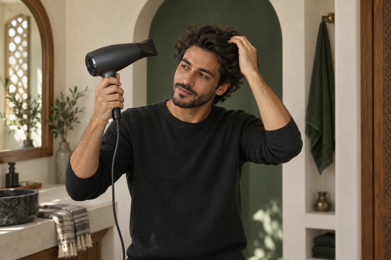 Homme marocain coiffant ses cheveux ondulés avec un sèche-cheveux