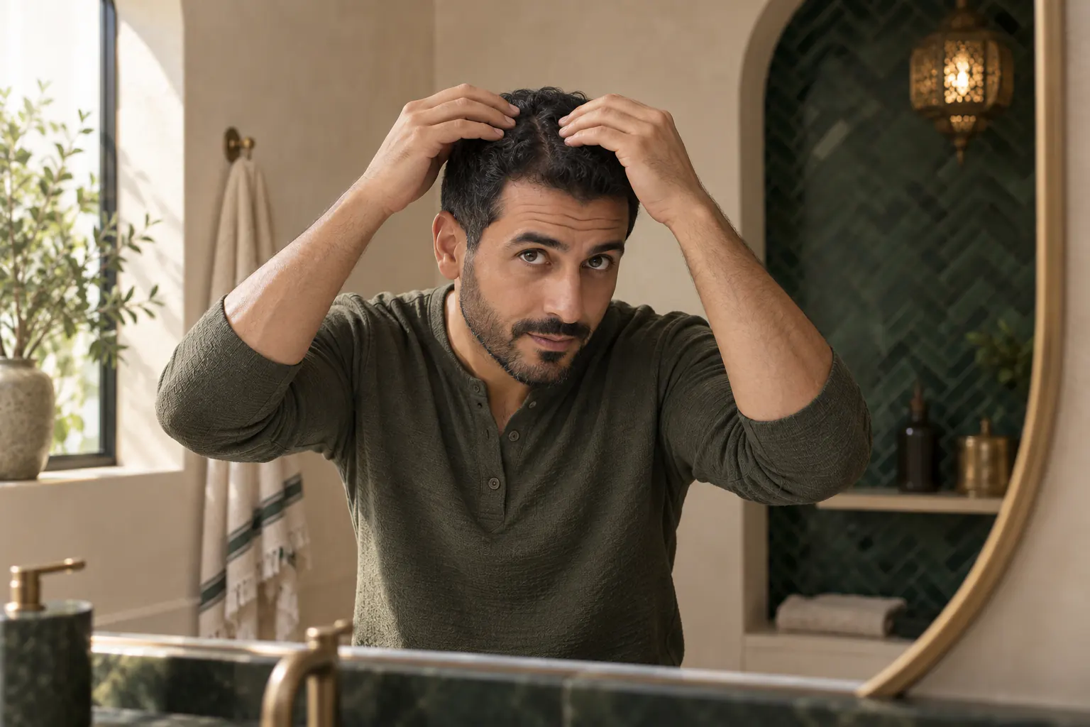 Homme marocain observant doucement son cuir chevelu devant un miroir