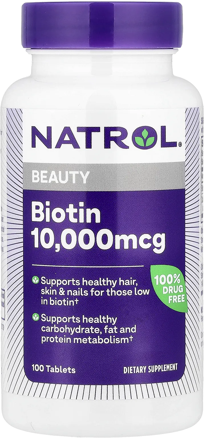 Le flacon de 10 000 mcg de Natrol Biotin avec un bouchon violet favorise la santé des cheveux, de la peau et des ongles. Cette formule 100 % sans médicament contient 100 comprimés. Complétez-la avec Natrol - DHEA, 50 mg, 60 comprimés pour une approche holistique de votre routine de bien-être.