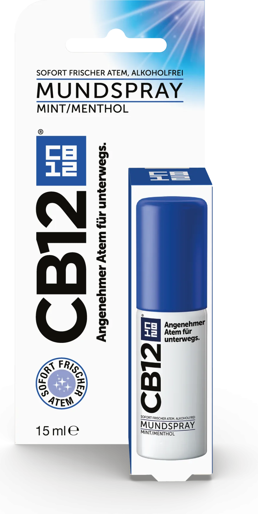 CB12 - Spray Buccal Menthe/Menthol contre la Mauvaise Haleine 15 ml, en boîte blanche et bleue avec texte allemand, idéal pour lutter contre la mauvaise haleine.