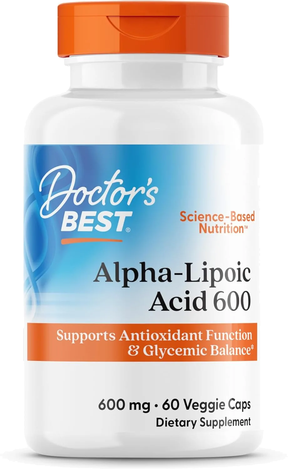 Flacon Doctor’s Best Acide alpha-lipoïque 600 mg, 60 capsules végétales.