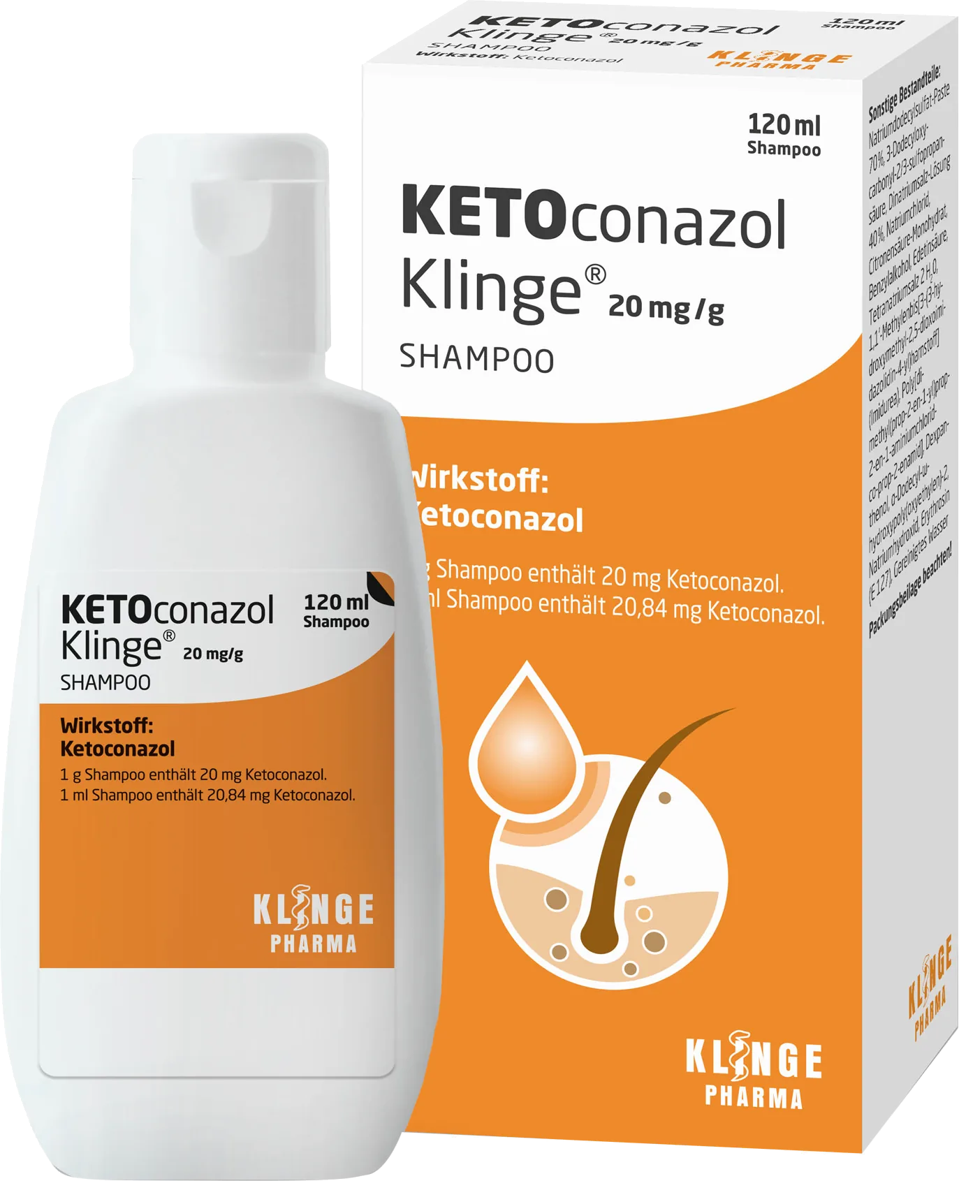 Boîte et flacon de Shampoing Ketoconazole 20 mg/g, 120 ml, dans un emballage orange et blanc avec des informations produit en allemand ; connu comme un shampooing antifongique efficace.