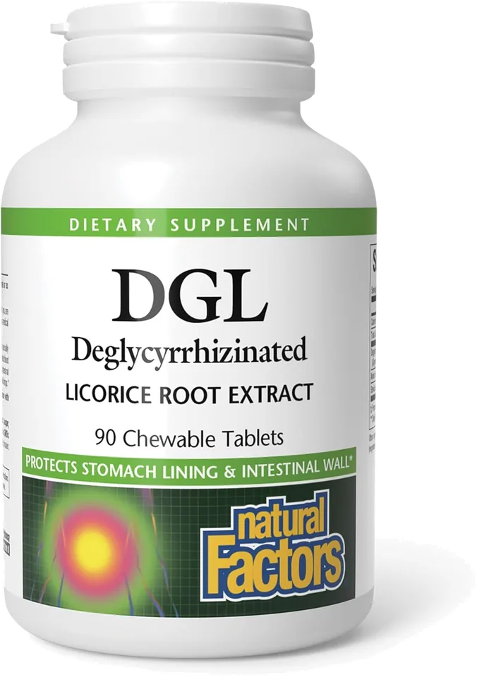 Une bouteille blanche de Natural Factors DGL, Extrait de racine de réglisse déglycyrrhizinée, 90 comprimés à croquer, étiqueté pour la protection de la paroi de l'estomac et de l'intestin.