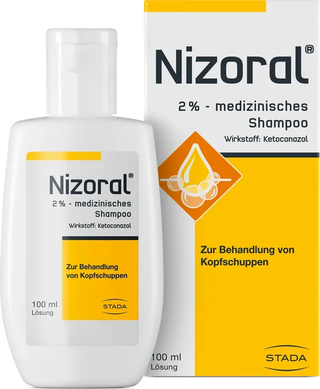 Un flacon de 100ml et une boîte de Stada - Nizoral 2% Shampooing médical antipelliculaire, pour le traitement des pellicules. L'emballage est blanc et jaune avec un texte en allemand.