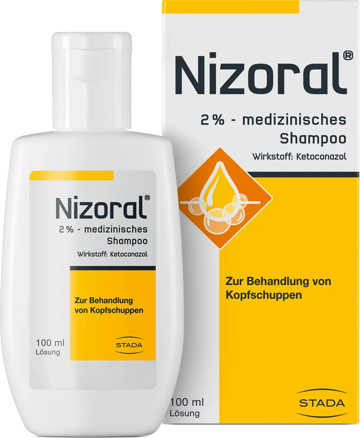 Un flacon de 100ml et une boîte de Stada - Nizoral 2% Shampooing médical antipelliculaire, pour le traitement des pellicules. L'emballage est blanc et jaune avec un texte en allemand.