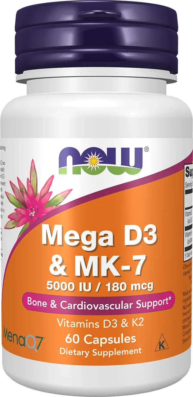 Now Foods – Mega D-3 et MK-7, 5000 UI/180 µg, 60 Capsules
