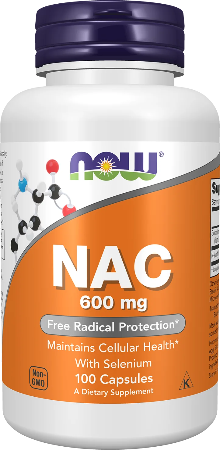 Une bouteille de complément alimentaire NAC avec sélénium de NOW Foods, 600 mg, contenant 100 capsules pour la protection contre les radicaux libres et la santé cellulaire.