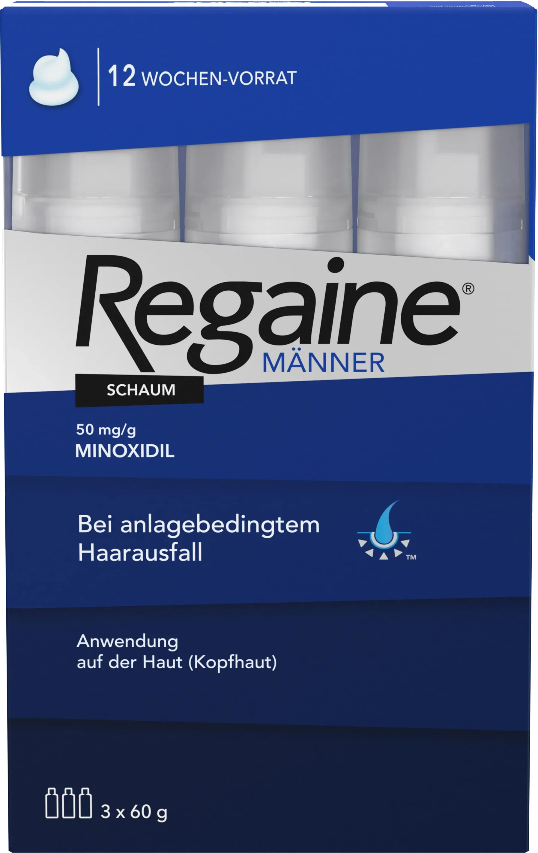 Regaine Homme mousse Minoxidil 5 %, boîte de trois flacons de 60 g