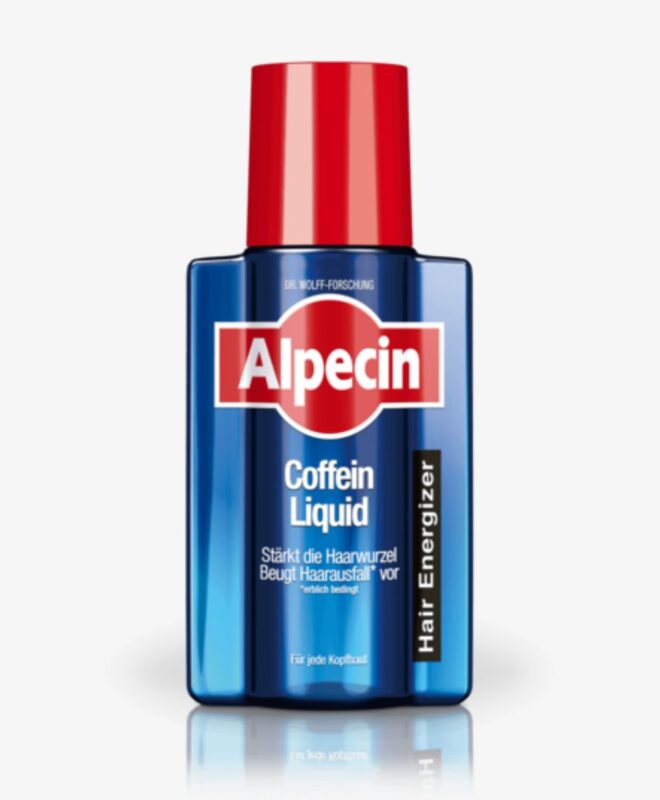 Une bouteille d'Alpecin Cafeine Liquide - Toner anti-chute de cheveux 200 ml sur fond blanc.