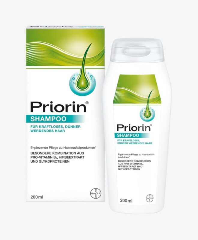 Une boîte de Priorin - Shampoing Anti-Chute de Cheveux, 200 ml avec une boîte dessus.