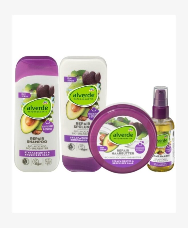 Un coffret Alverde - Pack Repair Bio Pour Cheveux Abîmés Et Cassants comprenant une bouteille d'huile d'olive et une bouteille d'huile d'olive.