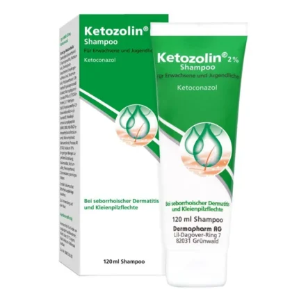 Une boîte et un tube de Import placeholder pour 13573 shampooing, 2% ketoconazole, traite la dermatite séborrhéique et les infections fongiques, 120 ml.