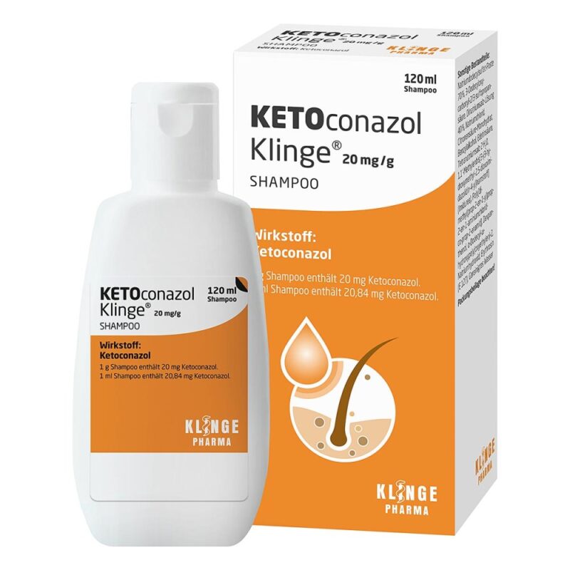 Un flacon et une boîte de 120 ml de Ketoconazol Klinge - Shampoing Ketoconazole 20 mg/g avec un emballage orange et blanc, des détails sur le produit et un graphique en forme de goutte d'eau sur le devant.