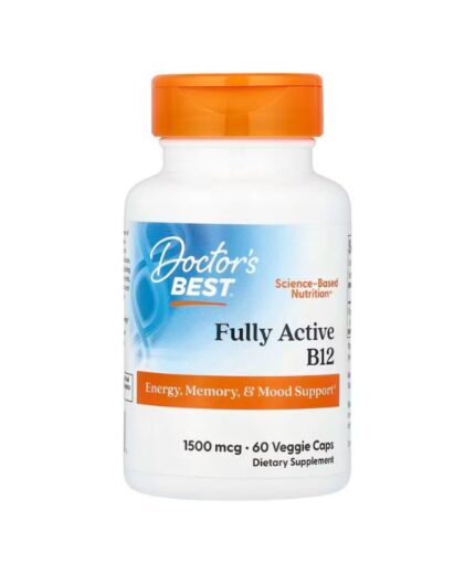 Flacon de Doctor's Best - Vitamine B12 Entièrement Active, 1500 µg, 60 gélules, conçue pour soutenir l'énergie, la mémoire et l'humeur.