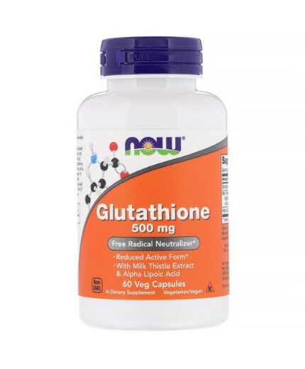 Une bouteille de Glutathion 500 mg de Now Foods, 60 gélules, avec du chardon marie et de l'acide alpha lipoïque ; complément alimentaire végétalien et sans OGM.