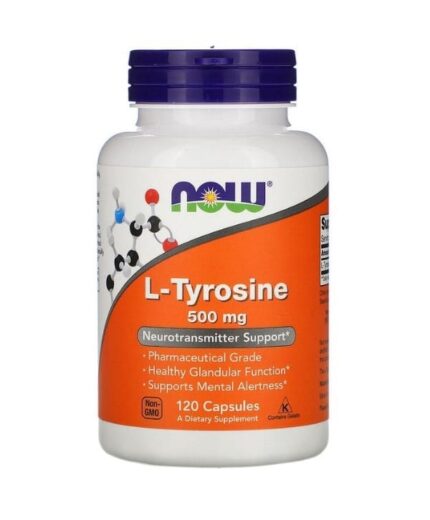 Une bouteille de Now Foods L-Tyrosine 500 mg, 120 gélules, conçu pour le soutien des neurotransmetteurs et le bien-être général.