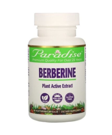 Une bouteille de Paradis - Berbérine avec 60 gélules végétales, certifiée végétalienne, sans OGM et sans gluten.