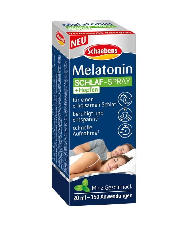 Melatonine-Maroc.jpg Boîte de Schaebens - Mélatonine Spray Sommeil, 20 ml, au goût de menthe, avec les détails du produit et l'image d'un couple détendu au lit.