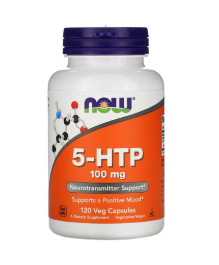 Une bouteille de Now Foods 5-HTP 100 mg contient 120 gélules et soutient l'humeur et la santé des neurotransmetteurs.