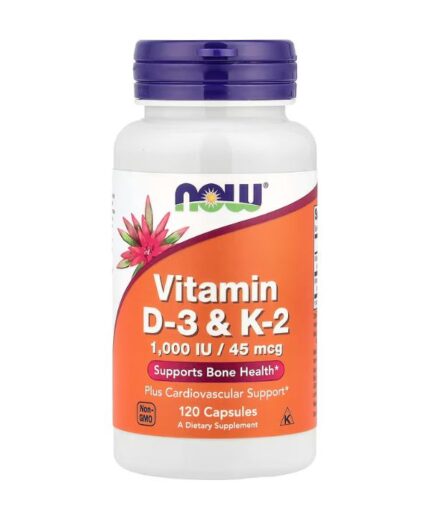 Une bouteille de Now Foods - Vitamines D3 et K2, 120 gélules, pour le soutien osseux et cardiovasculaire.