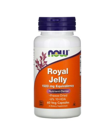 Une bouteille de complément alimentaire Now Foods Gelée Royale 1500 mg, contenant 60 gélules.
