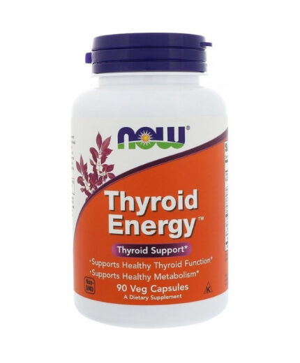Une bouteille de Now Foods - Énergie Thyroïdienne contient 90 comprimés pour soutenir la santé de la thyroïde.