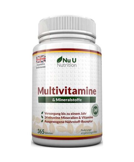 Une bouteille de Nu U Nutrition - Multivitamine et Minéraux, 365 comprimés, avec les détails du produit en français et une étiquette de certification BPF sur le devant.