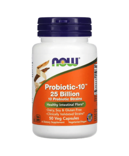 Une bouteille de Probiotique 25 milliards de Now Foods contient 50 gélules, chacune contenant 25 milliards d'UFC et 10 souches probiotiques, et est exempte de produits laitiers, de soja et de gluten.